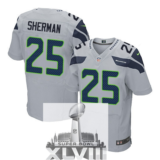 Nike Seahawks 25 Sherman Grey Elite 2014 Super Bowl XLVIII Jerseys