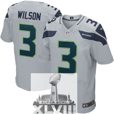Nike Seahawks 3 Wilson Grey Elite 2014 Super Bowl XLVIII Jerseys