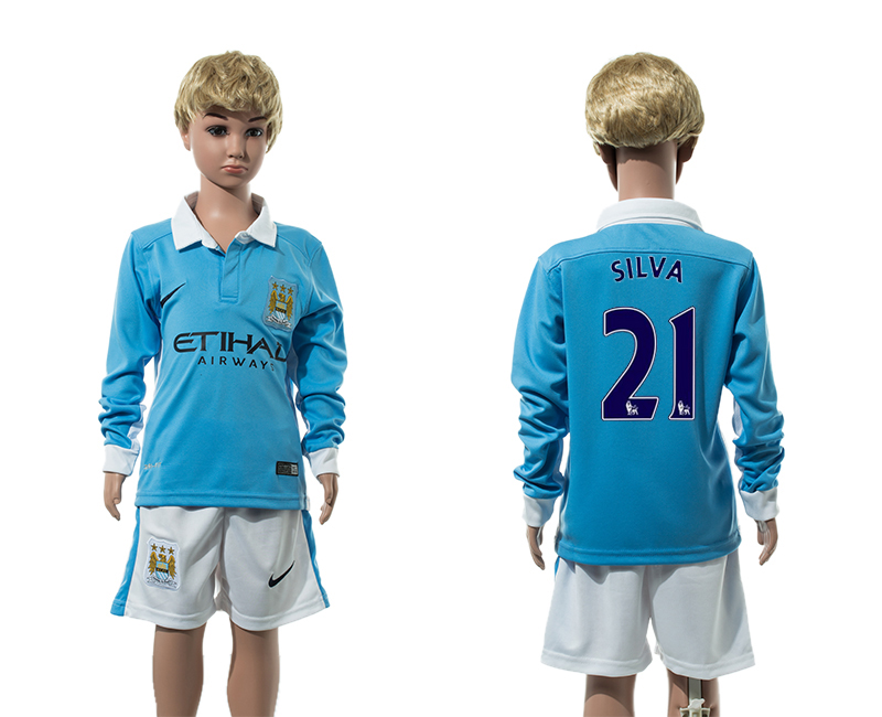 2015-16 Manchester City 21 SILVA Home Long Sleeve Youth Jersey