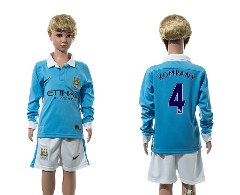 2015-16 Manchester City 4 KOMPANY Home Long Sleeve Youth Jersey