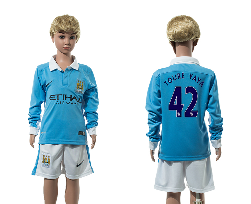 2015-16 Manchester City 42 TOURE YAYA Home Long Sleeve Youth Jersey
