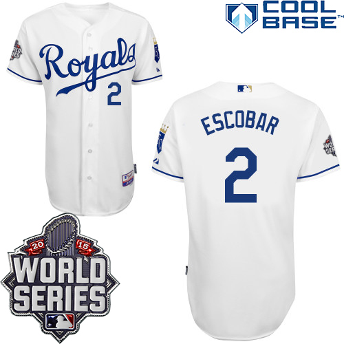 Royals 2 Alcides Escobar White With 2015 World Series Cool Base Jersey