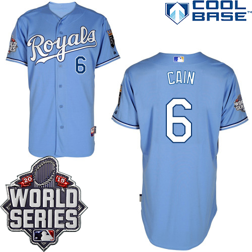 Royals 6 Lorenzo Cain Light Blue With 2015 World Series Cool Base Jersey