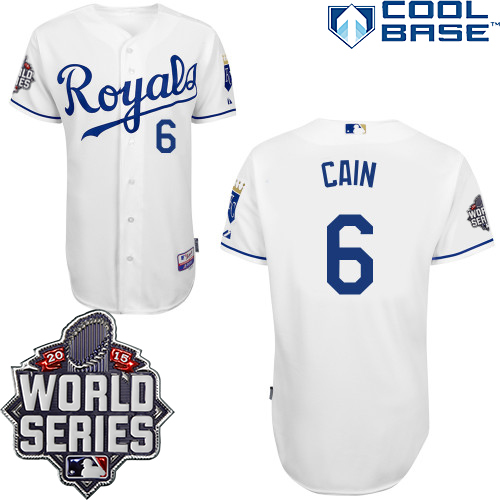 Royals 6 Lorenzo Cain White With 2015 World Series Cool Base Jersey