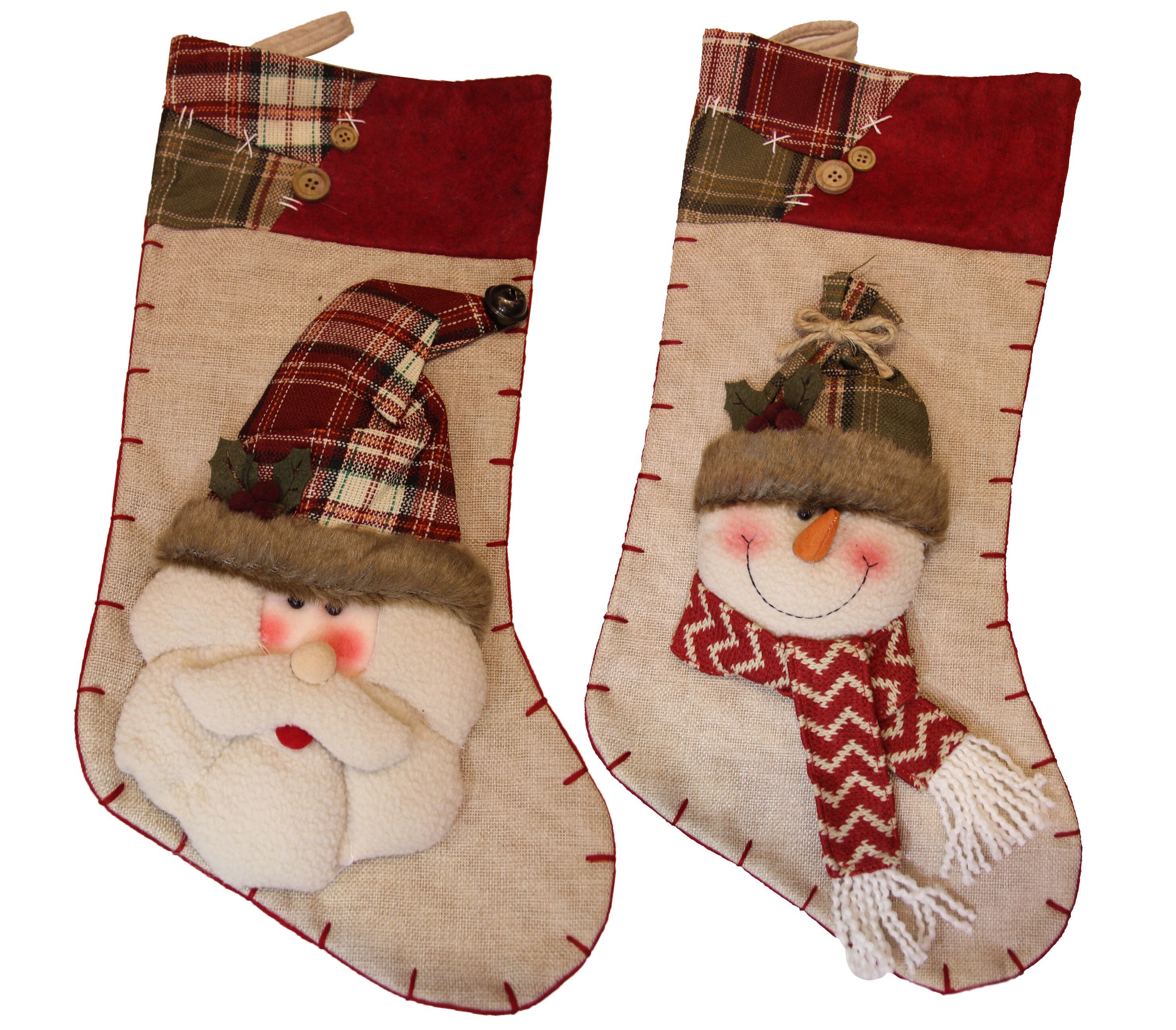 19 Inch 3D Happy Santa And Snowman Lined Kit Christmas Stockings 2 Pcs Set - Click Image to Close