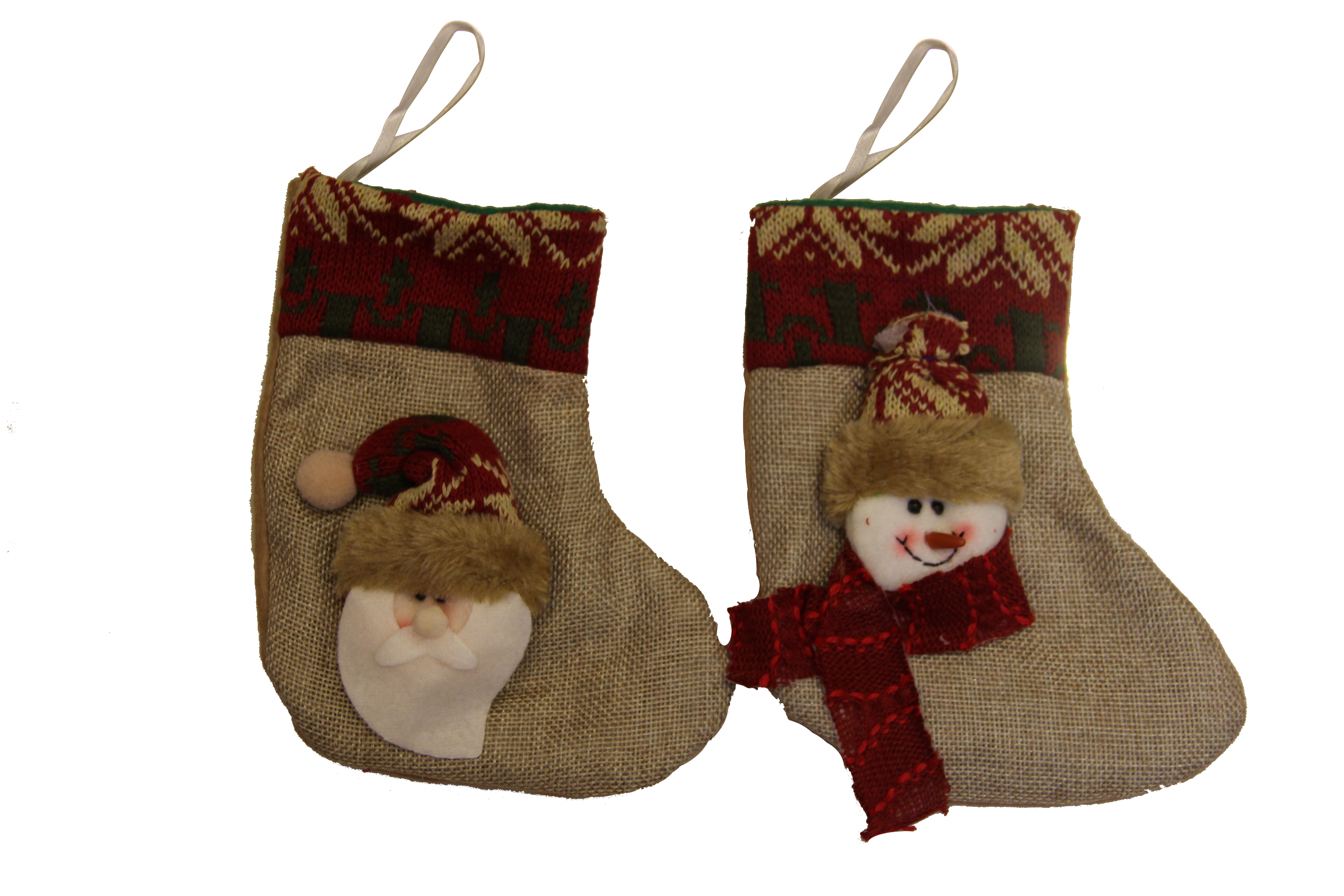 7 Inch 3D Happy Santa And Snowman Lined Kit Christmas Stockings 2 Pcs Set