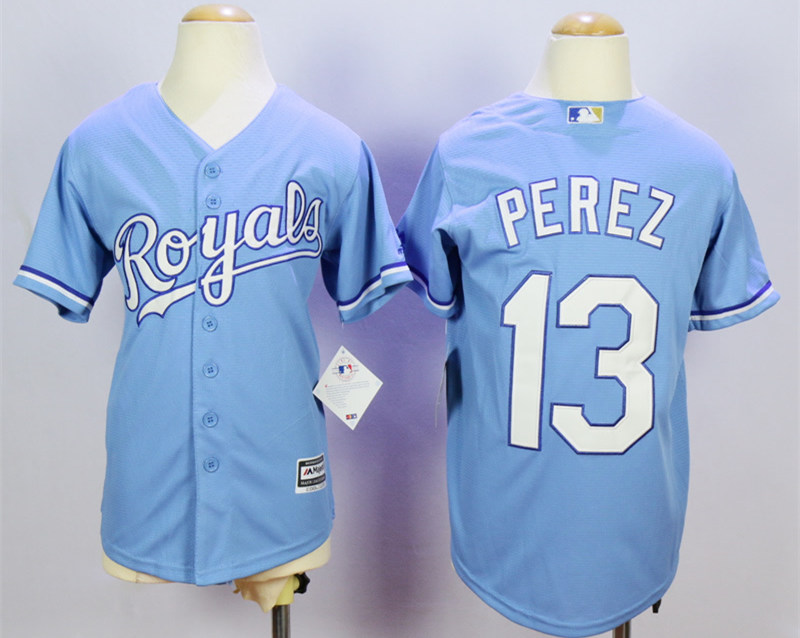 Royals 13 Salvador Perez Light Blue Youth New Cool Base Jersey - Click Image to Close