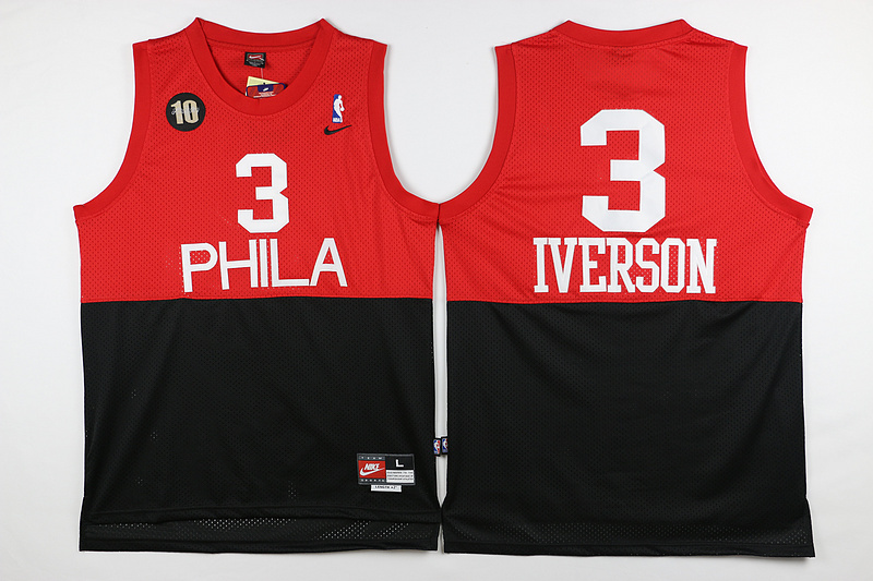 76ers 3 Allen Iverson Red&Black Nike Throwback Jersey