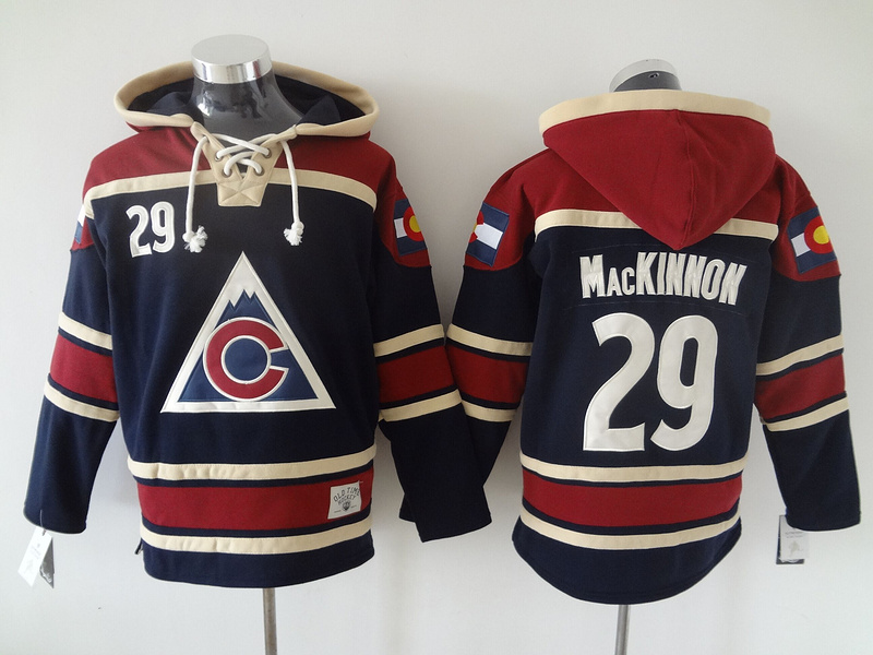 Avalanche 29 Nathan MacKinnon Navy Blue All Stitched Hooded Sweatshirt - Click Image to Close