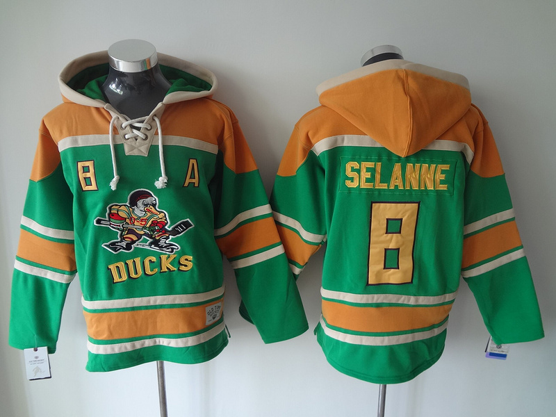 Ducks 8 Teemu Selanne Green All Stitched Hooded Sweatshirt - Click Image to Close