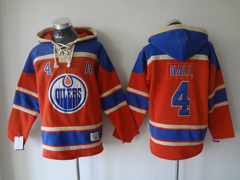 Oilers 4 Taylor Hall Orange All Stitched Hooded Sweatshirt - Click Image to Close