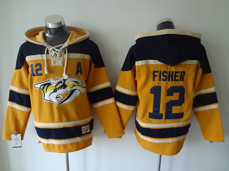 Predators 12 Mike Fisher Yellow All Stitched Hooded Sweatshirt