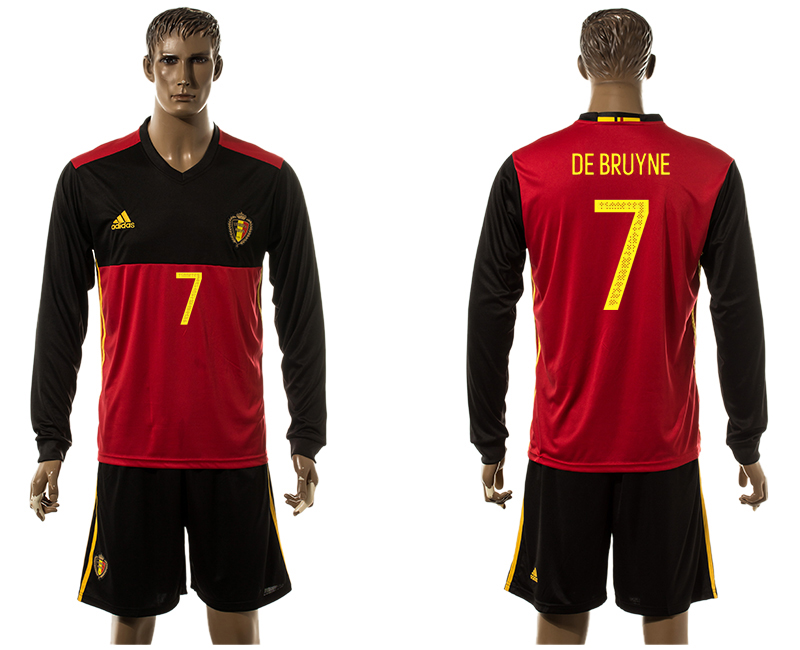 Belgium 7 DE BRUYNE Home UEFA Euro 2016 Long Sleeve Jersey