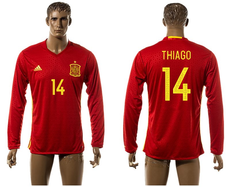 Spain 14 THIAGO Home UEFA Euro 2016 Long Sleeve Thailand Jersey