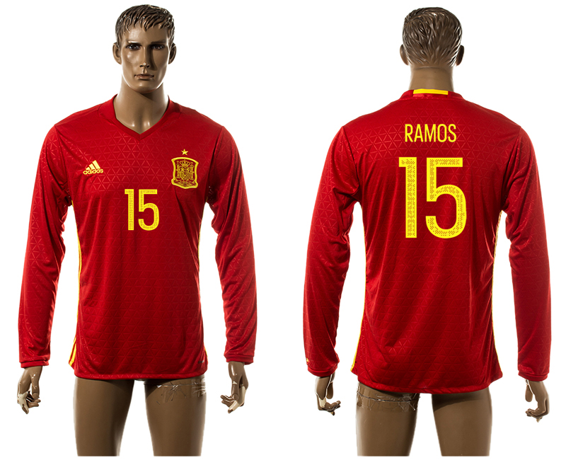 Spain 15 RAMOS Home UEFA Euro 2016 Long Sleeve Thailand Jersey
