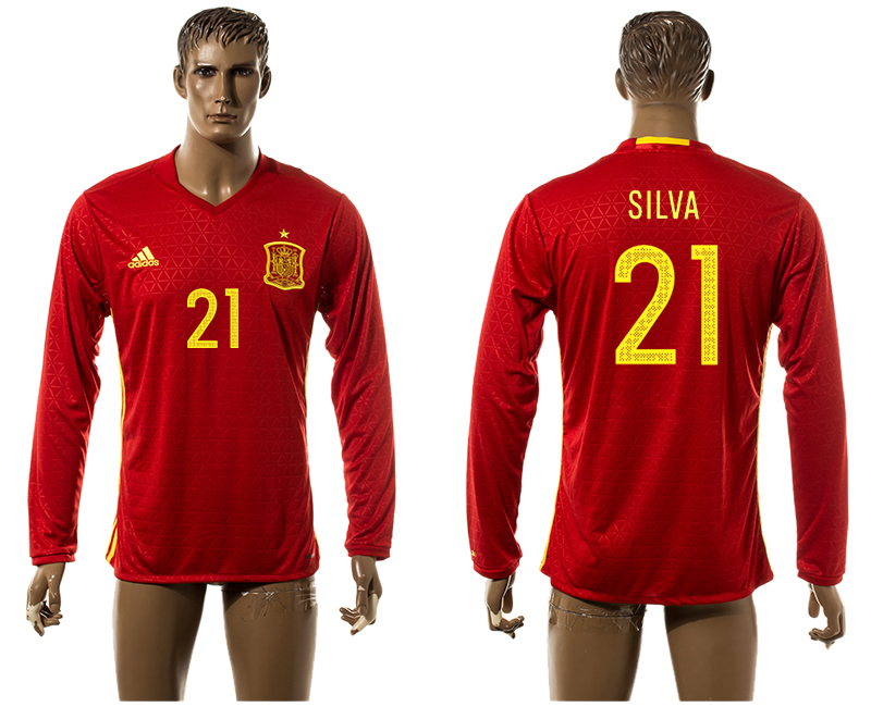 Spain 21 SILVA Home UEFA Euro 2016 Long Sleeve Thailand Jersey