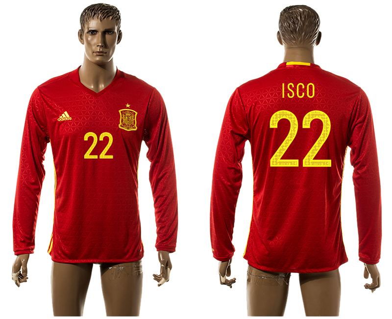 Spain 22 ISCO Home UEFA Euro 2016 Long Sleeve Thailand Jersey