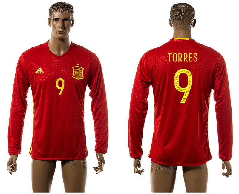 Spain 9 TORRES Home UEFA Euro 2016 Long Sleeve Thailand Jersey