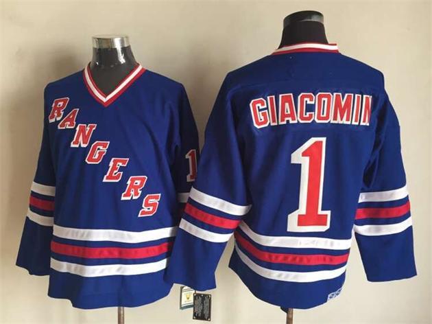 Rangers 1 Eddie Giacomin Blue CCM Jersey - Click Image to Close