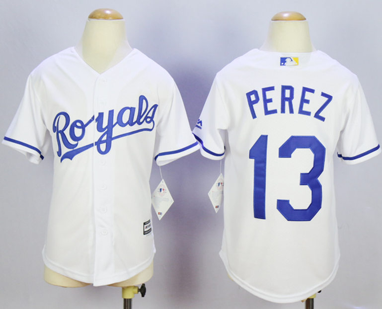 Royals 13 Salvador Perez White Youth New Cool Base Jersey