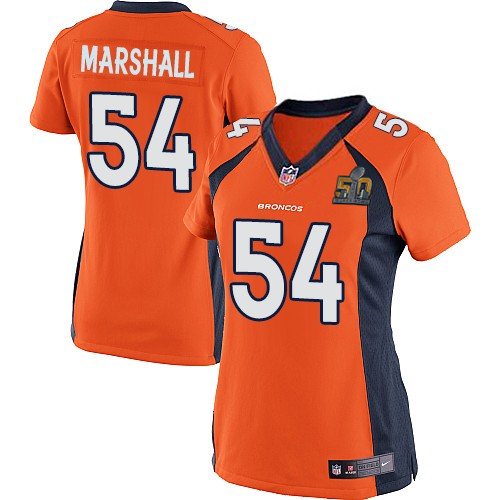 Nike Broncos 54 Brandon Marshall Orange Women Super Bowl 50 Game Jersey - Click Image to Close