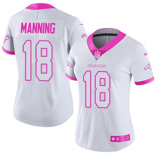 Nike Broncos 18 Peyton Manning White Women Limited Fashion Pink Jersey