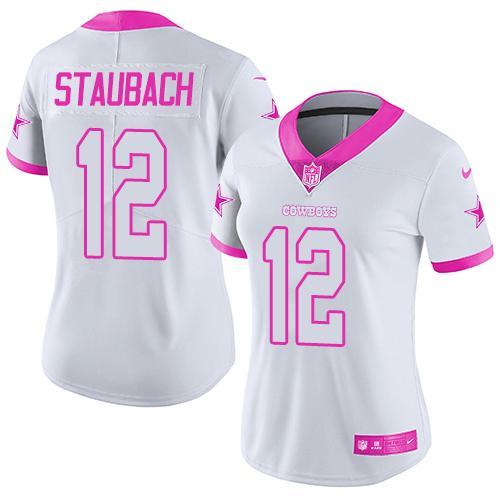 Nike Cowboys 12 Roger Staubach White Women Limited Fashion Pink Jersey
