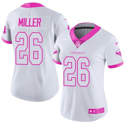 Nike Texans 26 Lamar Miller White Women Limited Fashion Pink Jersey
