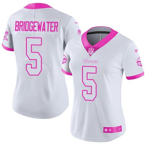 Nike Vikings 5 Teddy Bridgewater White Women Limited Fashion Pink Jersey