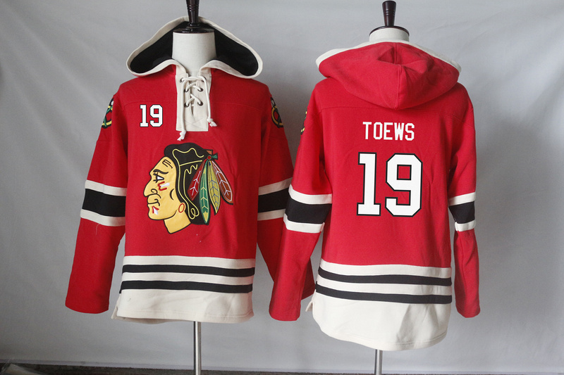 Blackahwks 19 Jonathan Toews Red All Stitched Hooded Sweatshirt - Click Image to Close