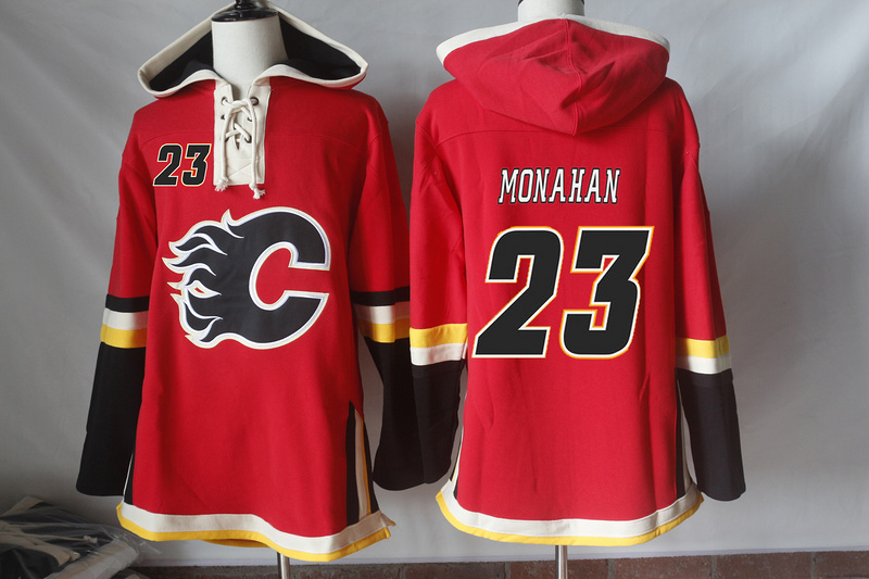 Flames 23 Sean Monahan Red All Stitched Hooded Sweatshirt - Click Image to Close