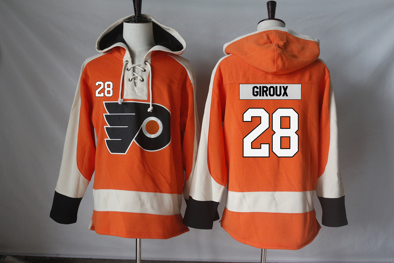 Flyers 28 Claude Giroux Orange All Stitched Hooded Sweatshirt - Click Image to Close