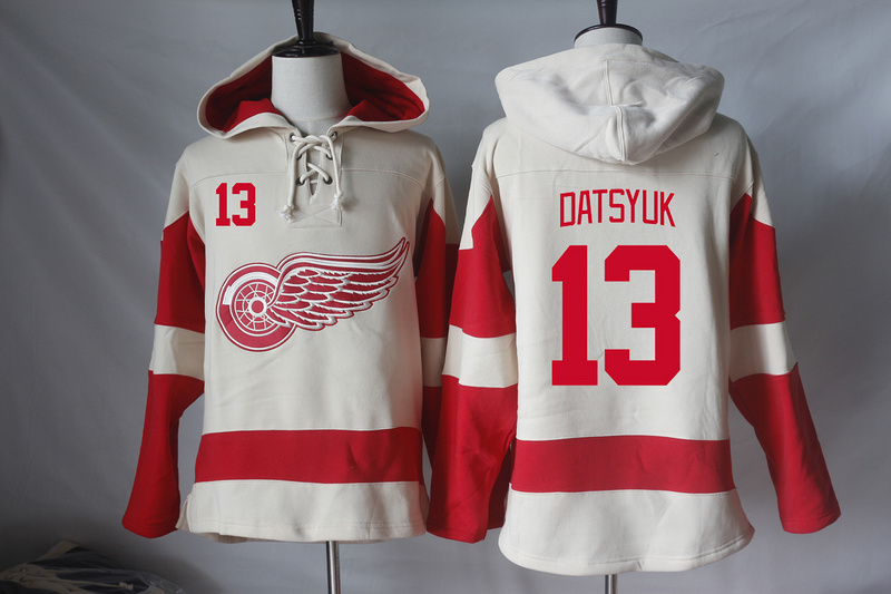 Red Wings 13 Pavel Datsyuk Cream All Stitched Hooded Sweatshirt
