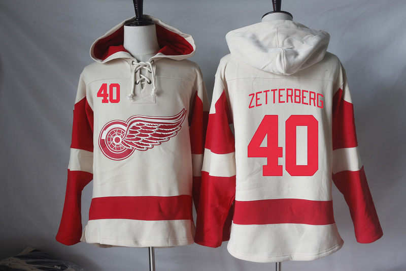 Red Wings 40 Henrik Zetterberg Cream All Stitched Hooded Sweatshirt