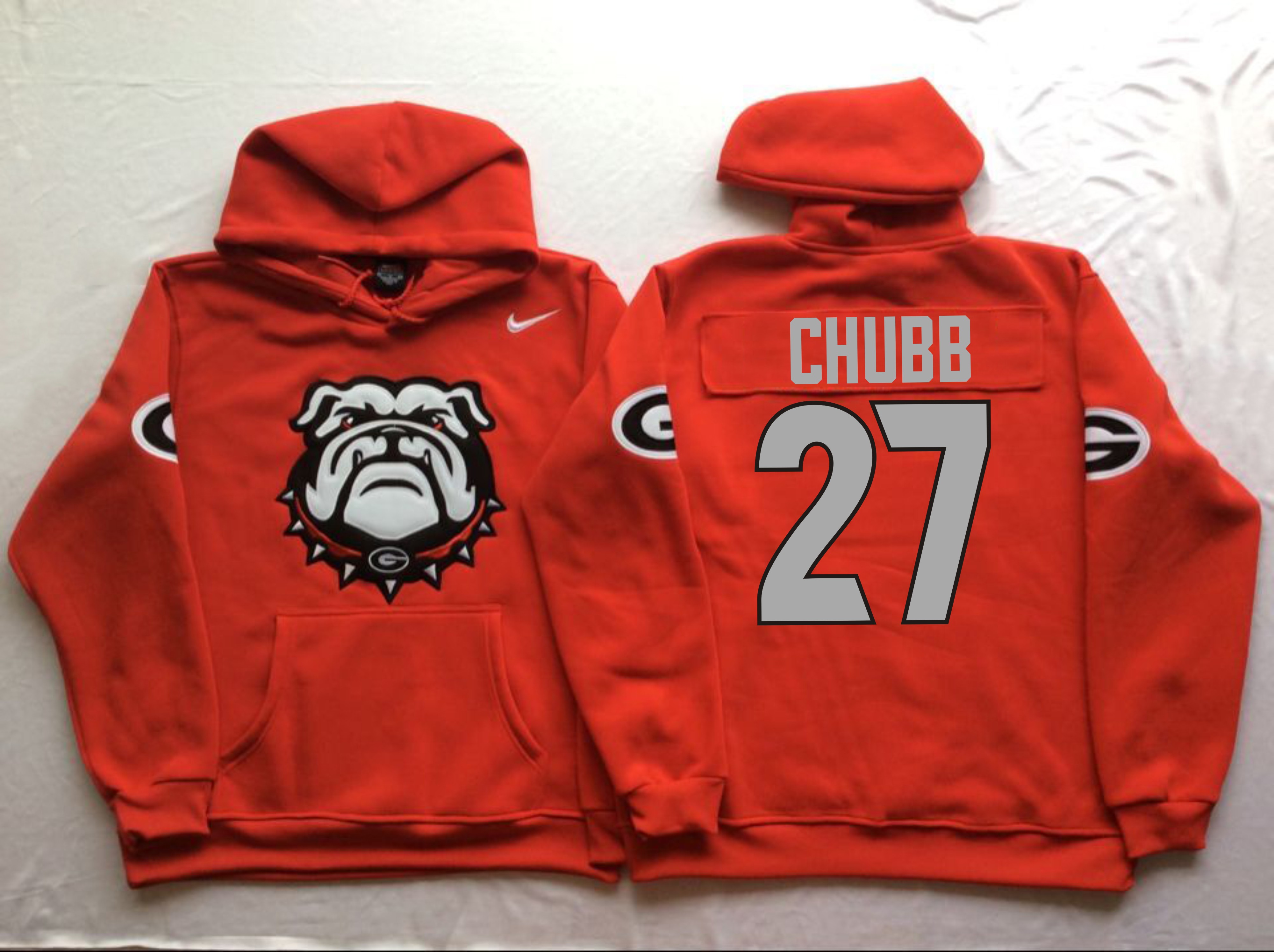 Georgia Bulldogs 27 Nick Chubb Red Men's Pullover Hoodie - Click Image to Close