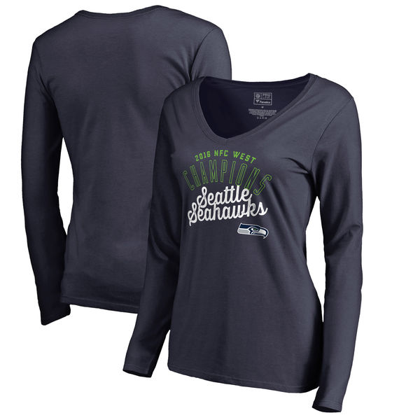 Seattle Seahawks Pro Line by Fanatics Branded Women's 2016 NFC West Division Champions V Neck Long Sleeve T-Shirt College Navy