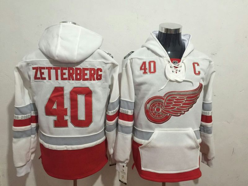 Red Wings 40 Henrik Zetterberg White All Stitched Hooded Sweatshirt - Click Image to Close