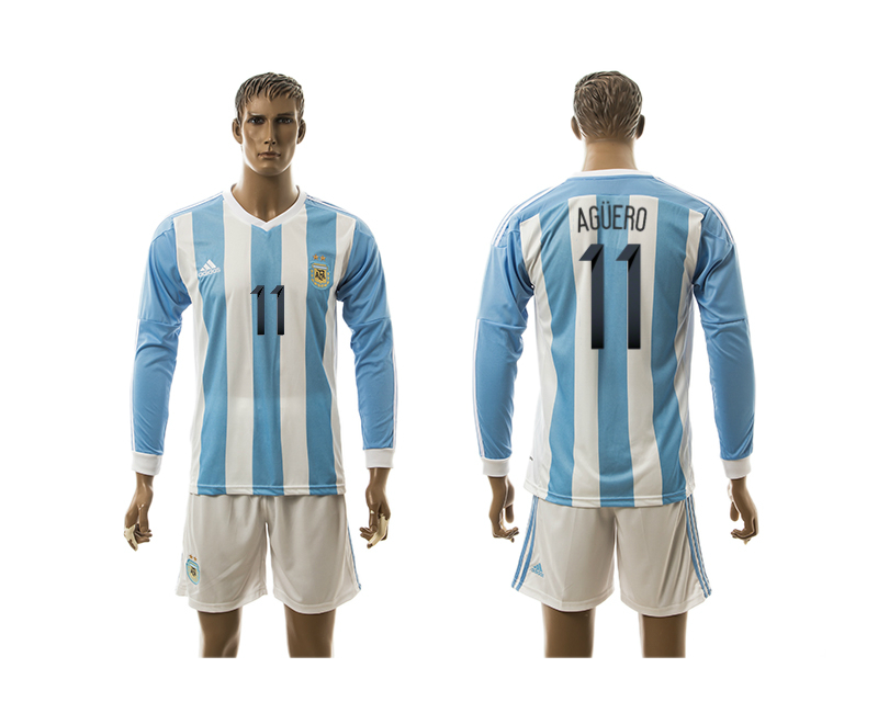 Argentina 11 AGUERO Home 2016 Copa America Centenario 2016 Copa America Centenario Long Sleeve Soccer Jersey
