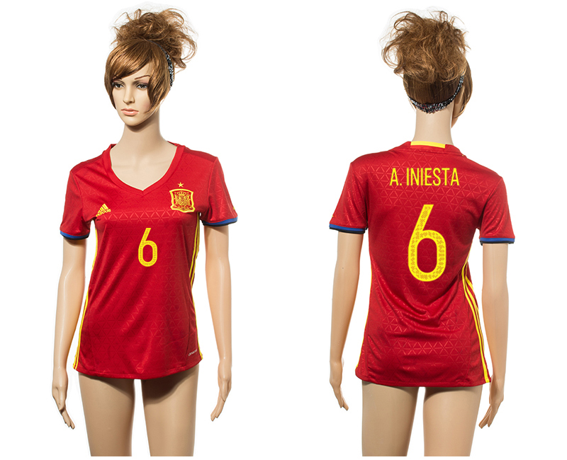 Spain 6 A.INIESTA Home Euro 2016 Women Jersey