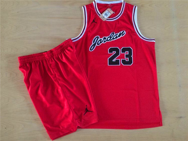 Bulls 23 Michael Jordan Red Stitched Mesh Jersey(With Shorts)