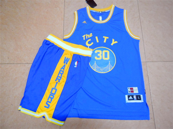 Warriors 30 Stephen Curry Blue Cityscape Swingman Jersey(With Shorts)