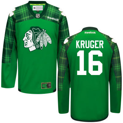Blackhawks 16 Marcus Kruger Green St. Patrick's Day Reebok Jersey - Click Image to Close