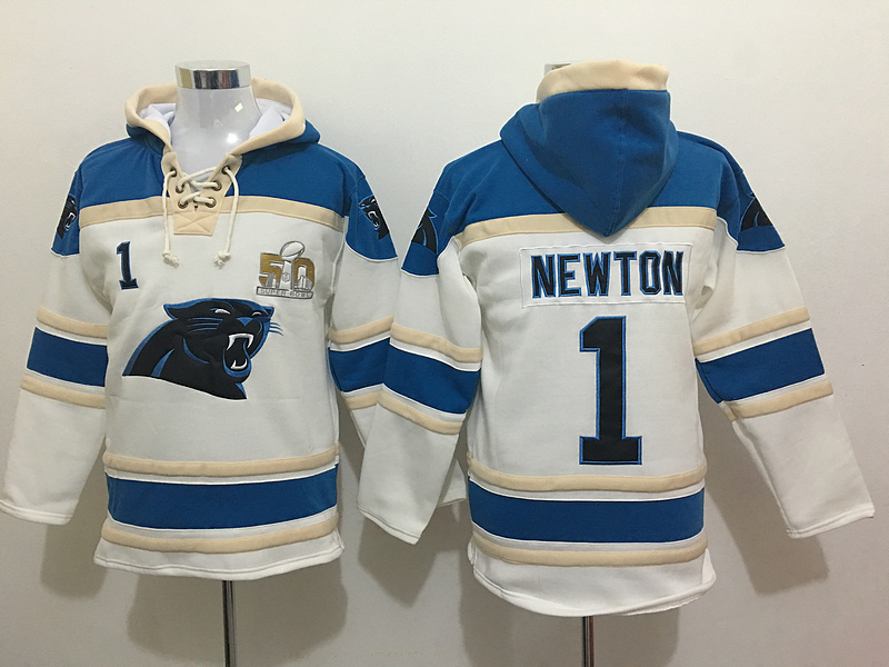 Nike Panthers 1 Cam Newton White Super Bowl 50 All Stitched Hooded Sweatshirt