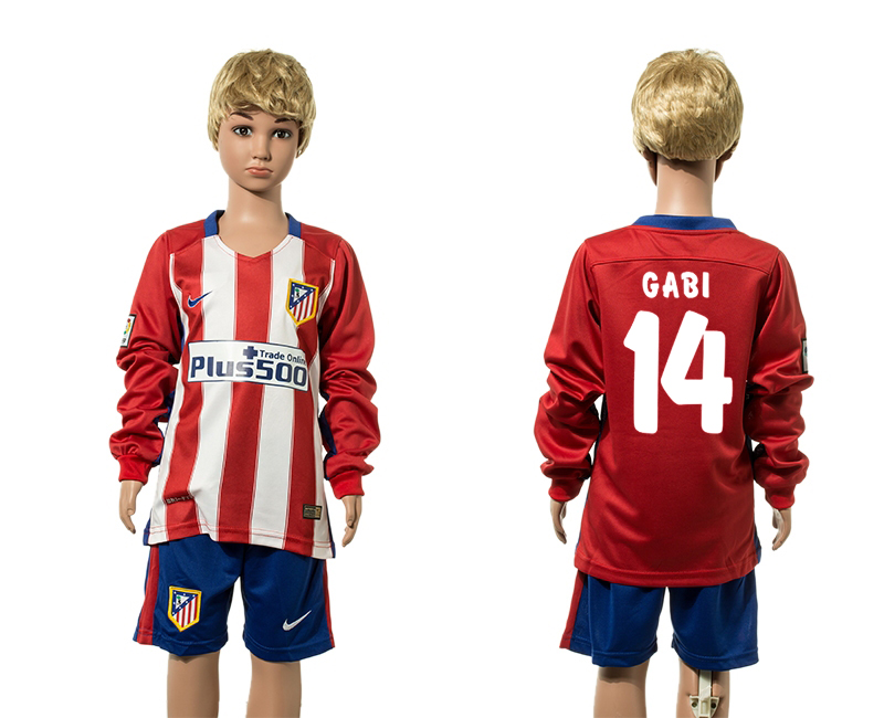 2015-16 Atletico Madrid 14 GABI Home Youth Long Sleeve Jersey