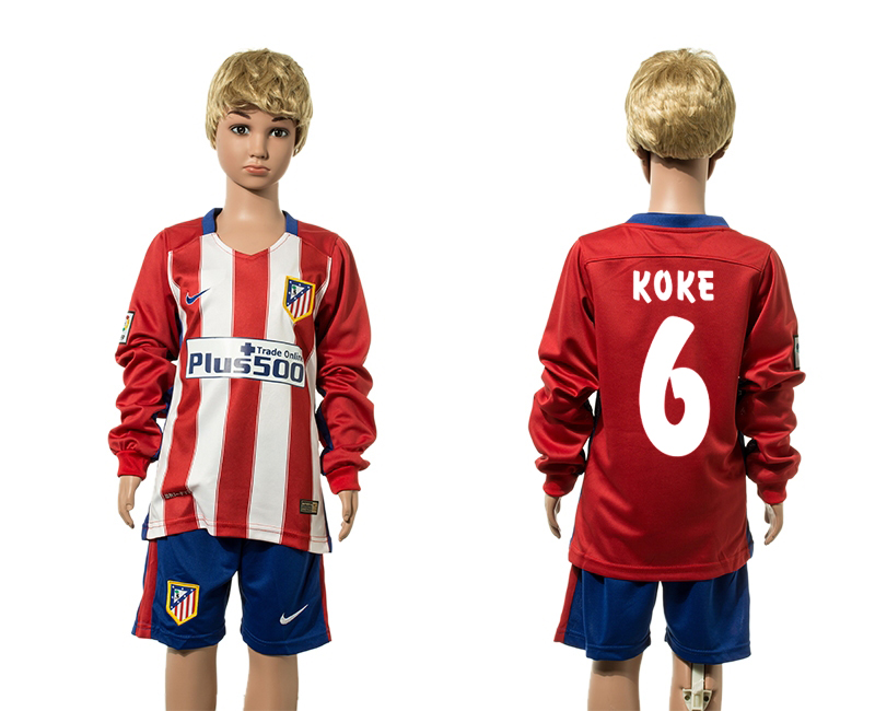 2015-16 Atletico Madrid 6 KOKE Home Youth Long Sleeve Jersey