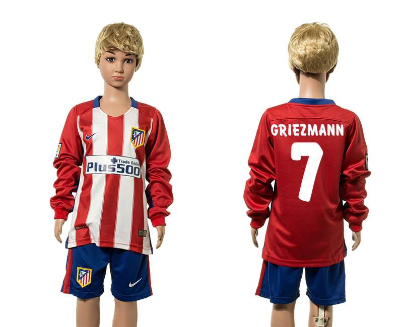 2015-16 Atletico Madrid 7 GRIEZMANN Home Youth Long Sleeve Jersey