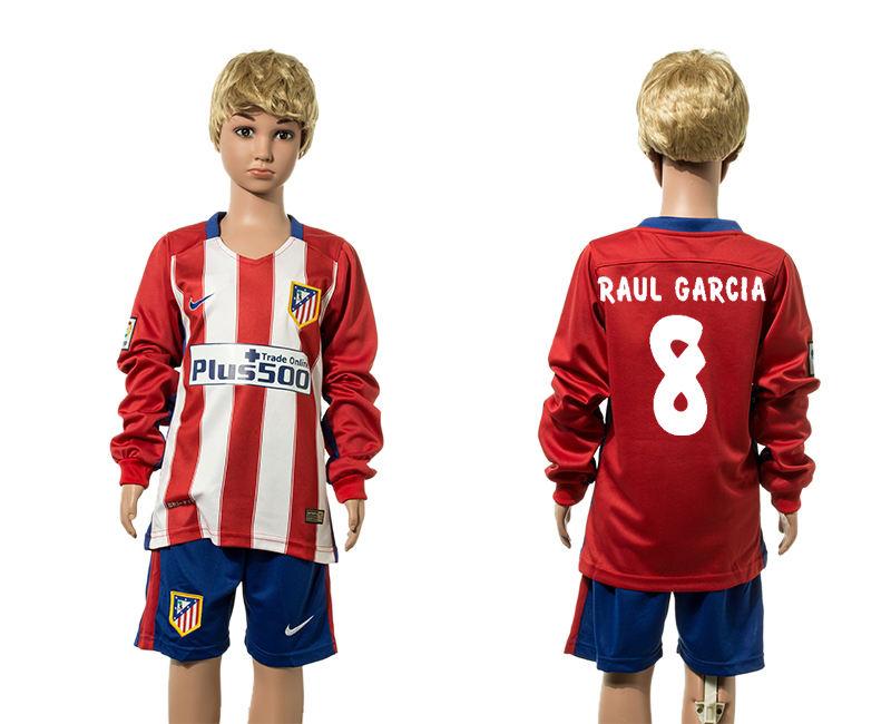 2015-16 Atletico Madrid 8 RAUL GARCIA Home Youth Long Sleeve Jersey