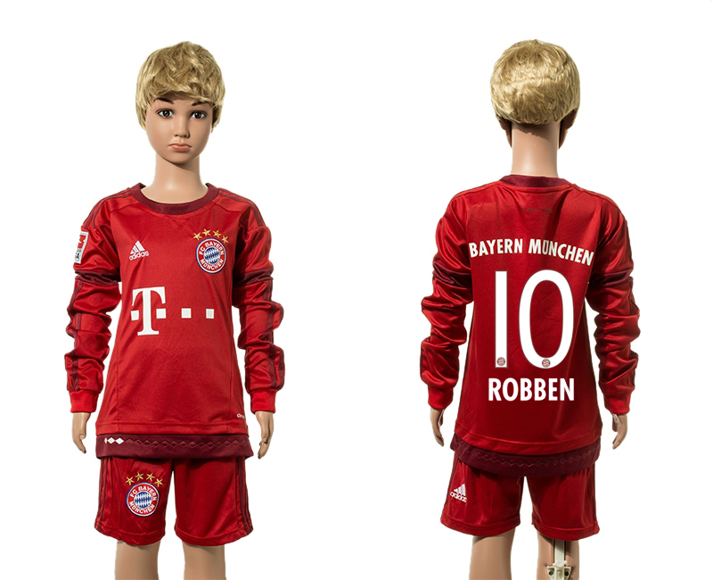 2015-16 Bayern Munich 10 ROBBEN Home Youth Long Sleeve Jersey