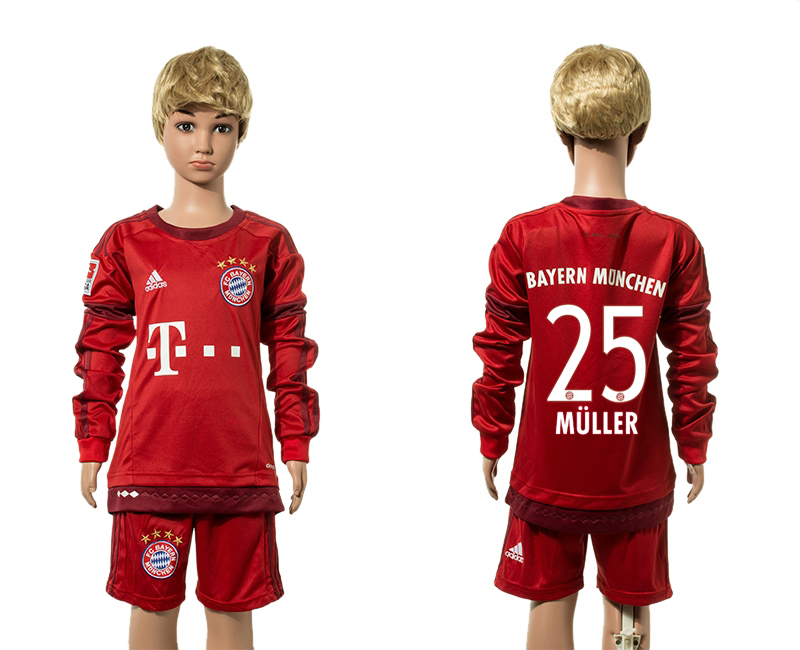 2015-16 Bayern Munich 25 MULLER Home Youth Long Sleeve Jersey