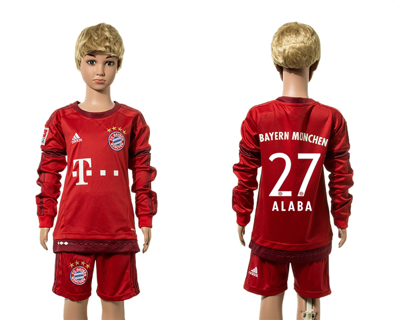 2015-16 Bayern Munich 27 ALABA Home Youth Long Sleeve Jersey